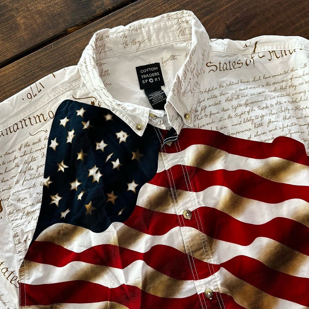 Cotton Traders Sport Shirt Mens 3XL American Flag Short Sleeve Button Front USA